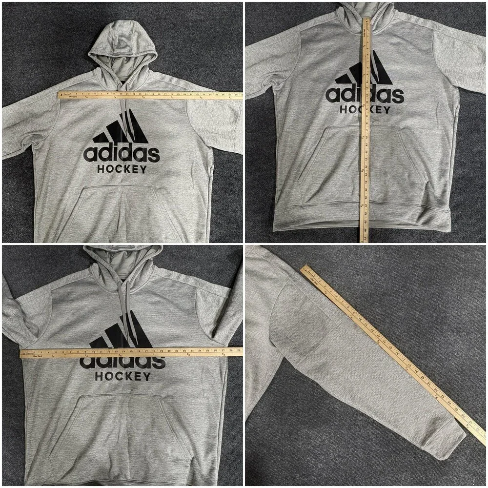 Adidas Hoodie Mens 2XL Gray Hockey Graphic Logo Pullover Sweatshirt Spell Out